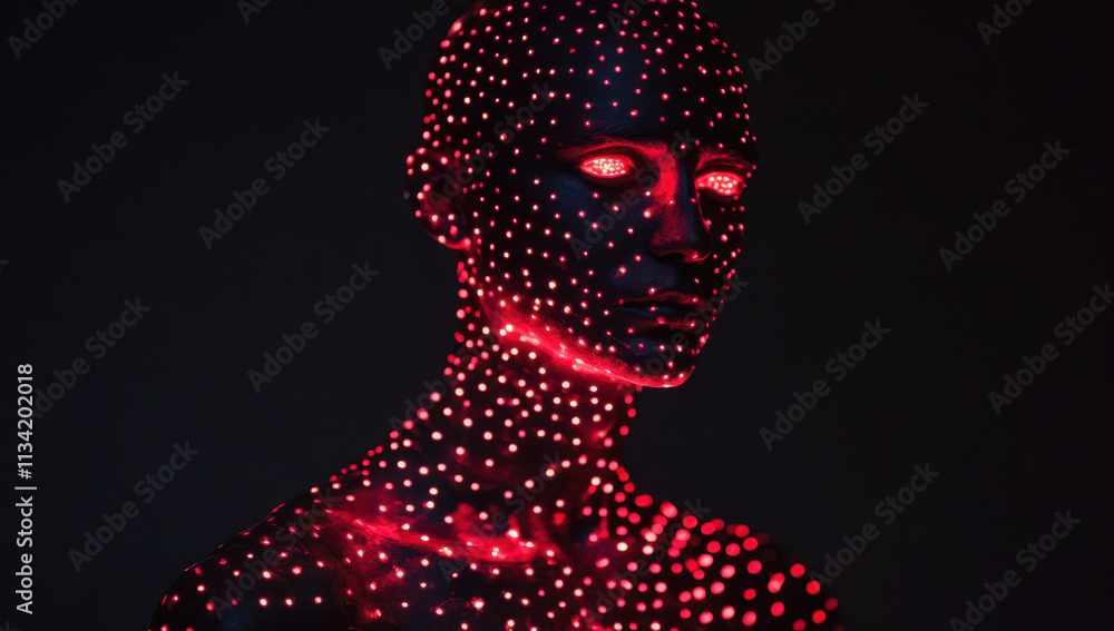 Aufkleber A striking figure stands against a black backdrop, covered in red and glowing dots that highlight their features. The intricate patterns of light create an otherworldly effect.