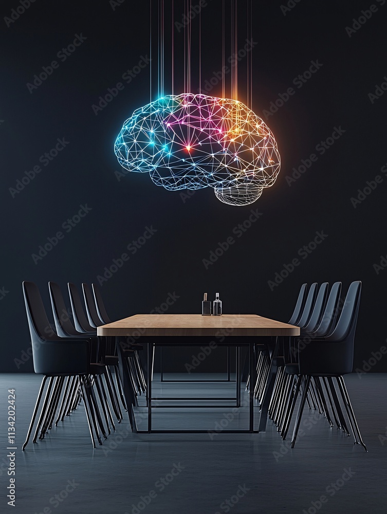 Poster conceptual image of a glowing ai brain above a corporate meeting table symbolizing strategy and inno