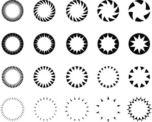 Set of starburst elements. Radial sunburst stripes background. Sunburst icon collection. Retro sunburst design. Vector illustration.