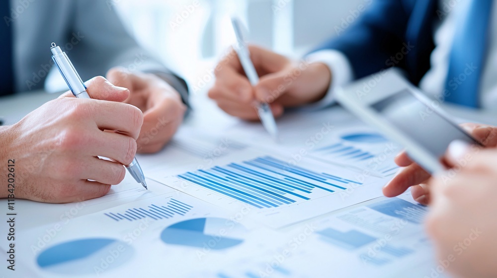 Poster group of executives analyzing growth potential through digital strategies with charts and graphs dis
