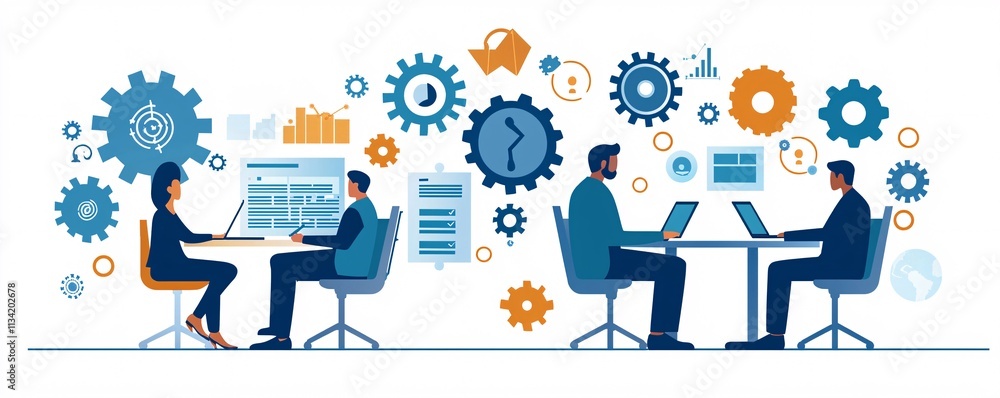 Poster collaborative workspace featuring diverse professionals strategizing using digital tools and project