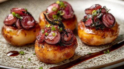 Gourmet Octopus Dish with Sautéed Vegetables on Rustic Plate