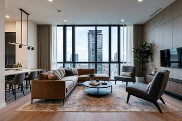 Fototapeta premium Functional Modern Flat Preview with Abundant Windows and Contemporary Lounge Approach