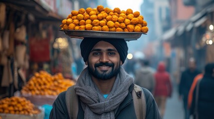 A smiling vendor carries a tray of orange sweets on his head in a bustling market.