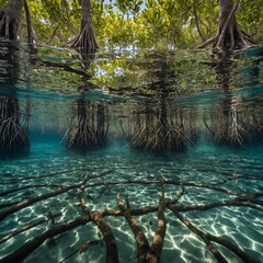 A mangrove forest with roots dipping into crystal-clear water.

