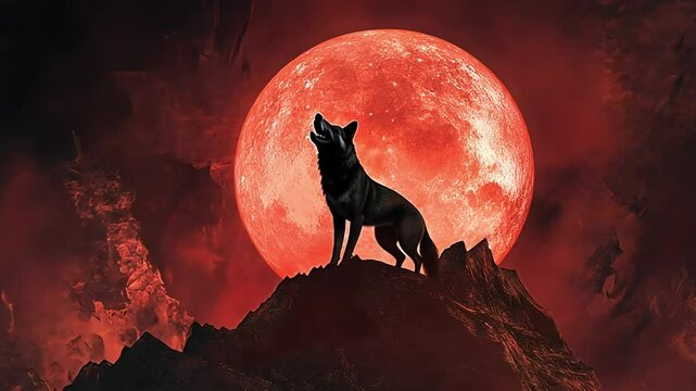 A lone wolf howls at a giant, glowing red moon in a dark and mysterious sky.