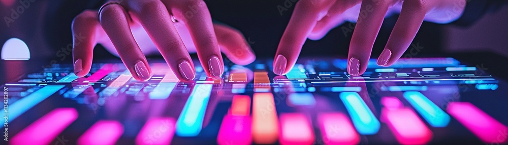 Poster professional setting showing a close-up of hands typing a strategy report on a tablet with futuristi
