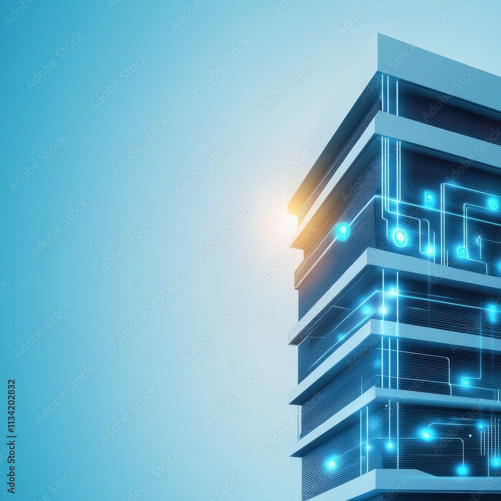 Aufkleber futuristic digital building with circuit patterns and blue lights symbolizing advanced technology an