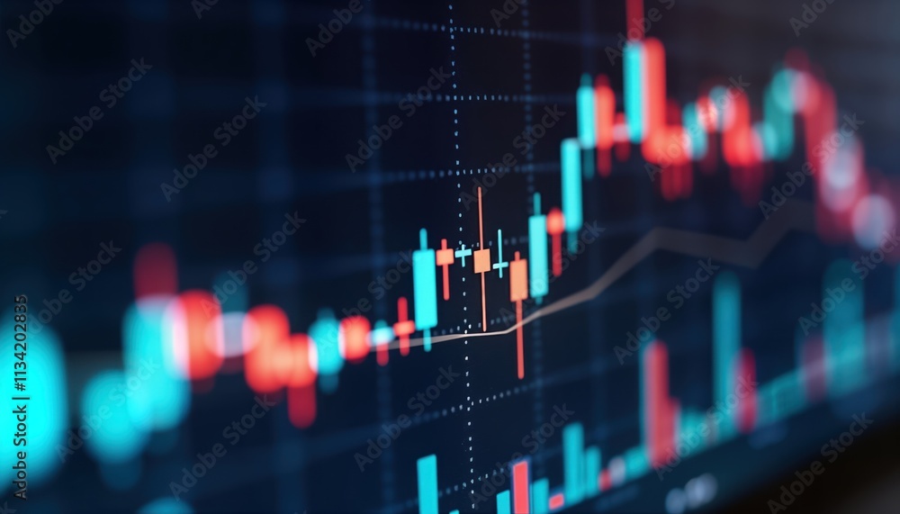 Poster stock market graph shows rising trends. candlestick charts, trading lines rise upwards on screen. in
