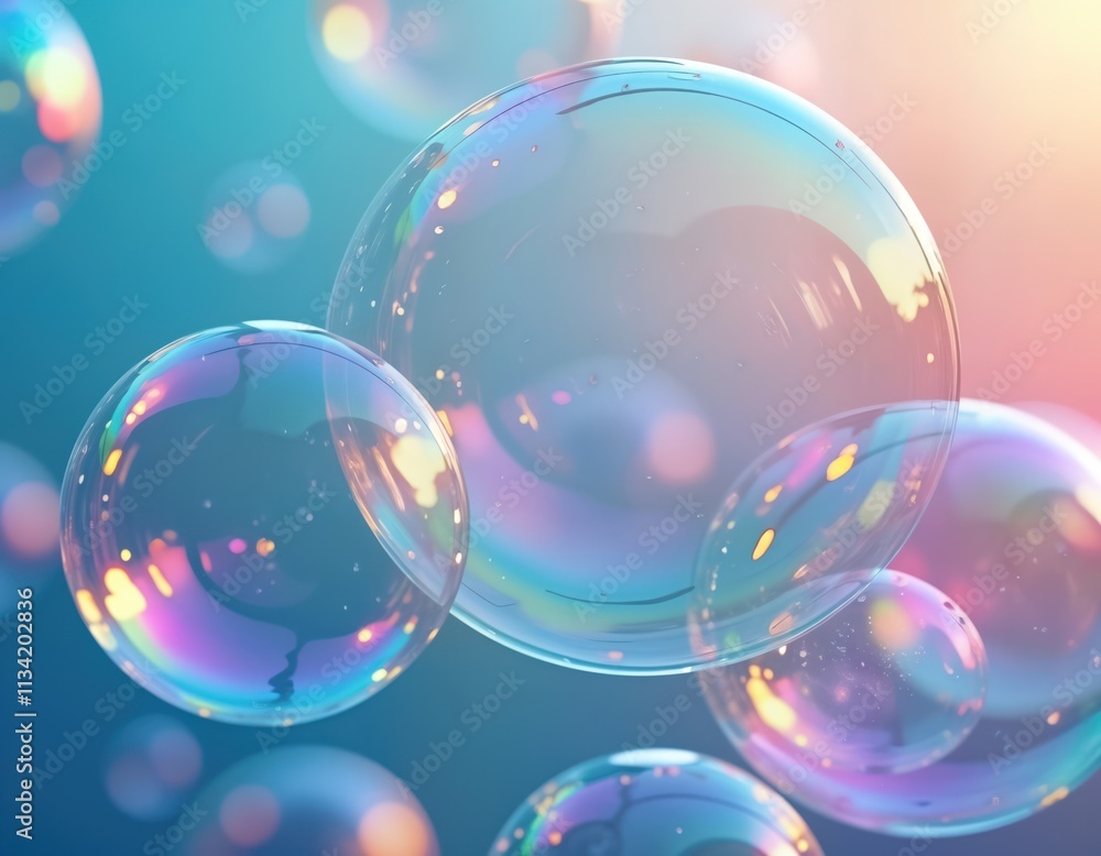 Poster Close-up view of iridescent soap bubbles. Light refraction creates colorful patterns on the bubble surfaces. Abstract image of transparent bubbles. Soft pastel colors. Soft focus.