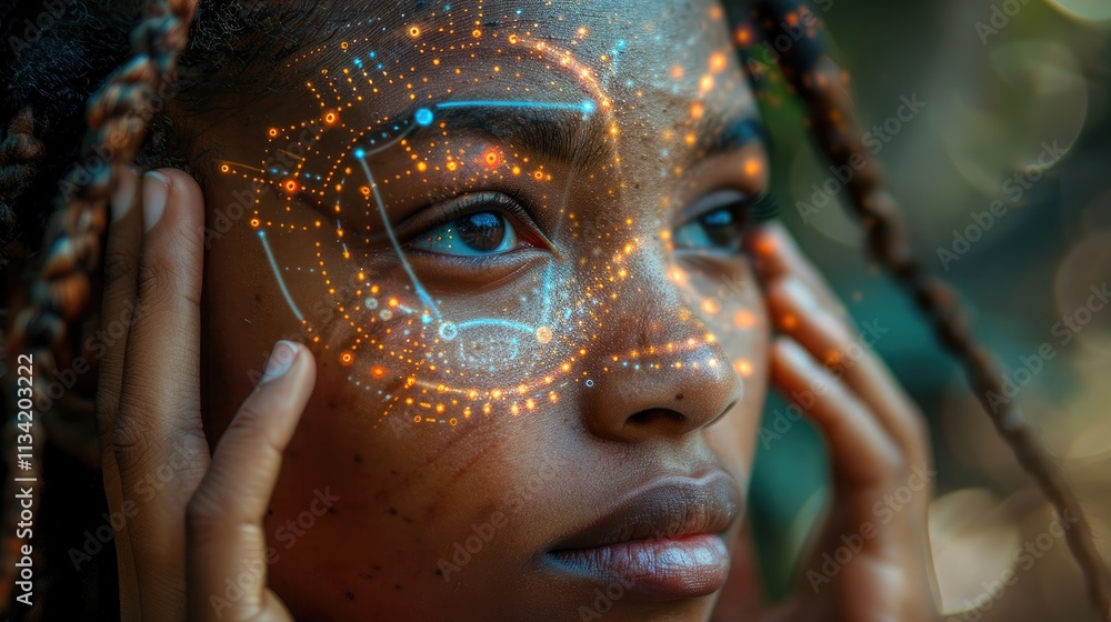 Poster a close-up of a person with digital patterns on their face, symbolizing technology and identity.