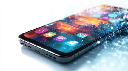 A sleek modern smartphone with futuristic app interfaces floating around it, isolated on a white background