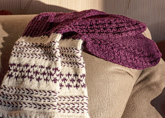 colorful knitted work in progress, handicraft concept, knit texture, wool handicrafts, hobby