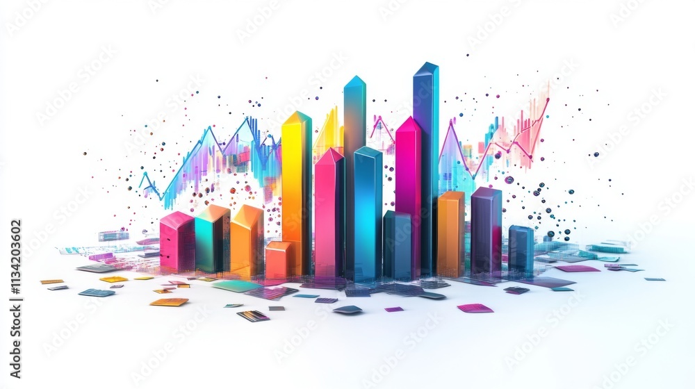 Poster colorful abstract 3d graphs and charts with modern financial elements