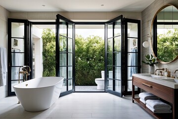 Fototapeta premium Elegant Visual Depiction of a Stylish Bathroom with Expansive Operable Windows and Natural Light