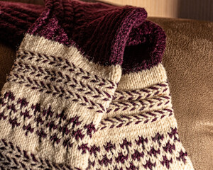 colorful knitted work in progress, handicraft concept, knit texture, wool handicrafts, hobby