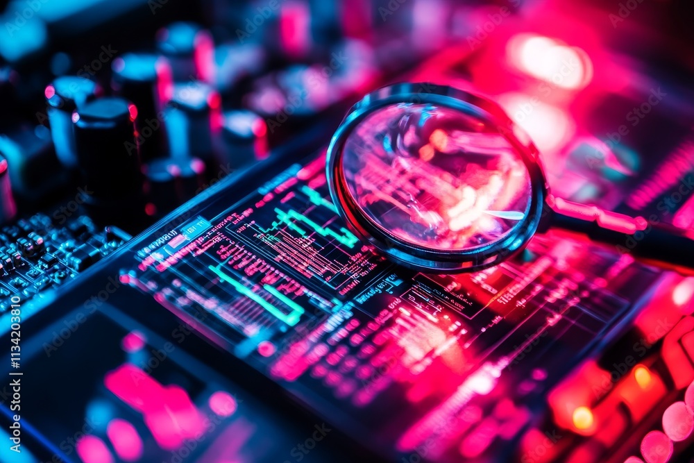 Poster close-up view of a digital circuit board with colorful lights and a magnifying glass enhancing the i