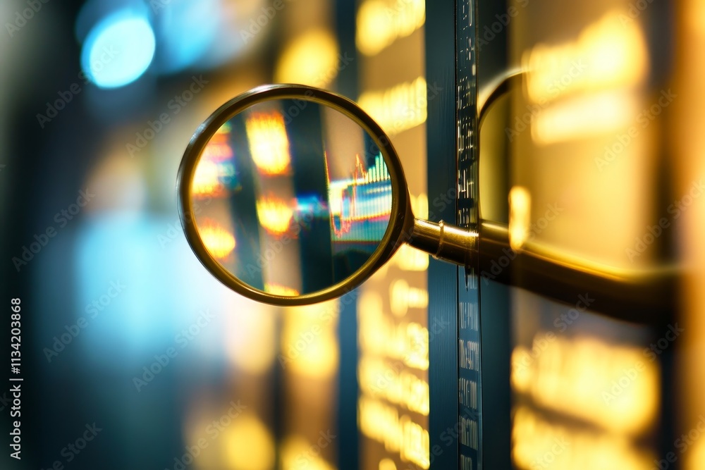 Poster close-up view of a magnifying glass over financial data displayed on digital screen showing chart tr