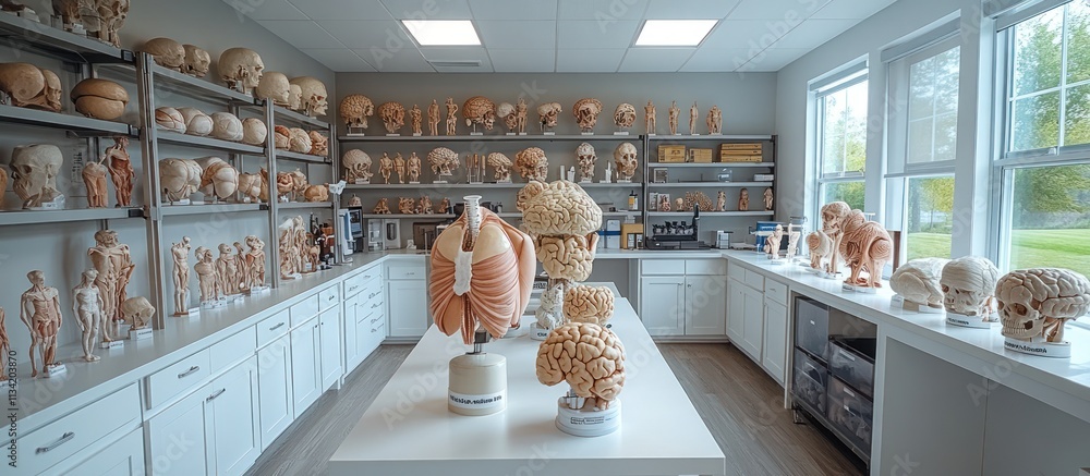 Poster anatomy lab with various anatomical models on shelves and tables.