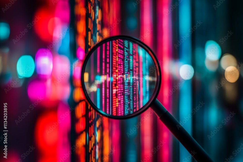 Poster close-up view of data analysis with magnifying glass highlighting colorful digital displays in a tec