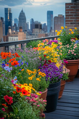Fototapeta premium vibrant rooftop garden filled with colorful flowers and city skyline views