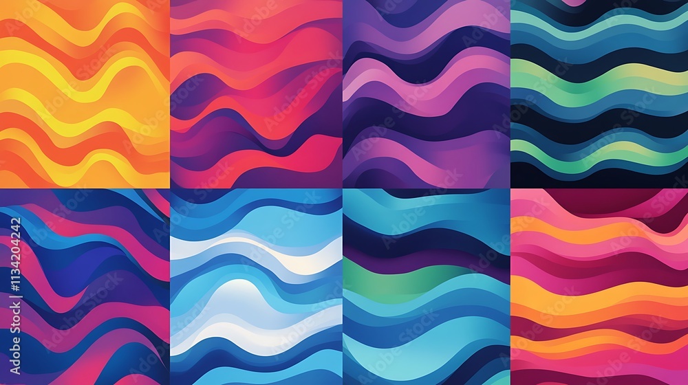 Poster eight vibrant wave patterns colorful gradient backgrounds for design.