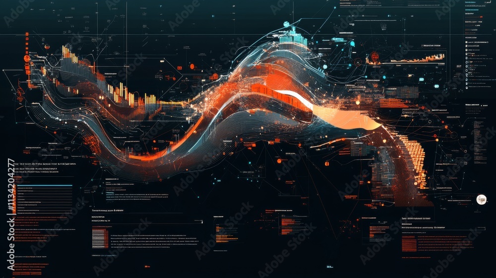 Poster futuristic data visualization with abstract waves and graphs