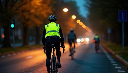 Cyclist in reflective vest rides alone at night on quiet road. Dusk nighttime setting with street lights. People ride bicycles on city road. Safe riding at twilight. Focus on safety gear, night