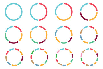 Pie chart icons. Segment slice signs. Round diagram line wheel segment and fraction. Circle section graph. 1,2,3,4,5,6,7,8,9,10,11,12 segment infographic. Wheel round diagram part symbol.
