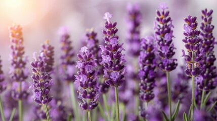 Obraz premium A close-up of blooming lavender flowers in soft lighting, showcasing their vibrant purple hues.