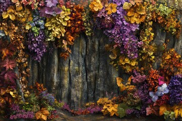 Fototapeta premium Colorful Autumn Foliage on Stone Wall with Vibrant Leaves, Beautiful Natural Arrangement Showcasing Nature's Palette in a Rustic Setting