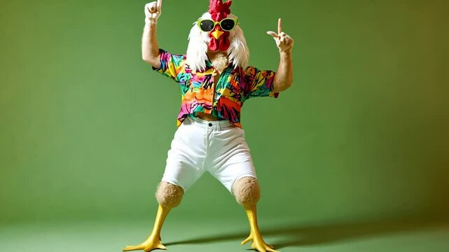 A person wearing a chicken costume with sunglasses, a Hawaiian shirt, and white shorts is dancing with both hands in the air, while standing on a green background.