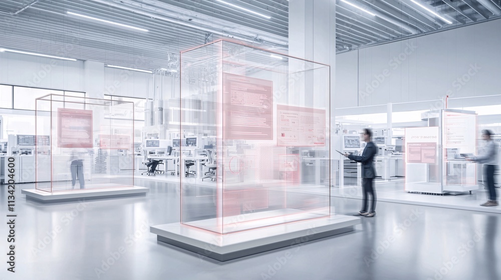 Poster a futuristic office environment with employees interacting with automated systems and digital interf