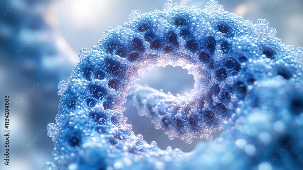 Poster a close-up view of a spiraling, textured structure resembling microscopic life forms.