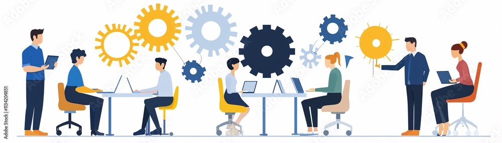 Poster diverse professionals in a high-tech workspace adopting digital tools and automated systems for coll