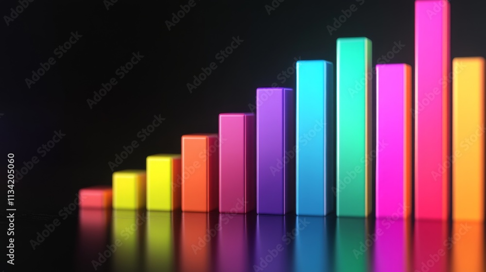Poster colorful bar graph showing growth with reflection on dark background