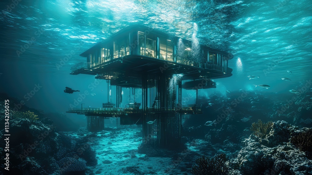 Aufkleber a diving platform structure, extending from the ocean floor with access points submerged for marine 