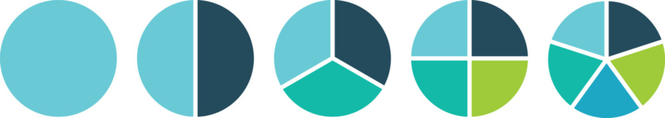 Pie chart blue color icons. Segment slice sign. Circle section graph. 1,2,3,4,5 segment infographic. Ring percentage diagram collection. wheel segment and fraction. Vector illustration