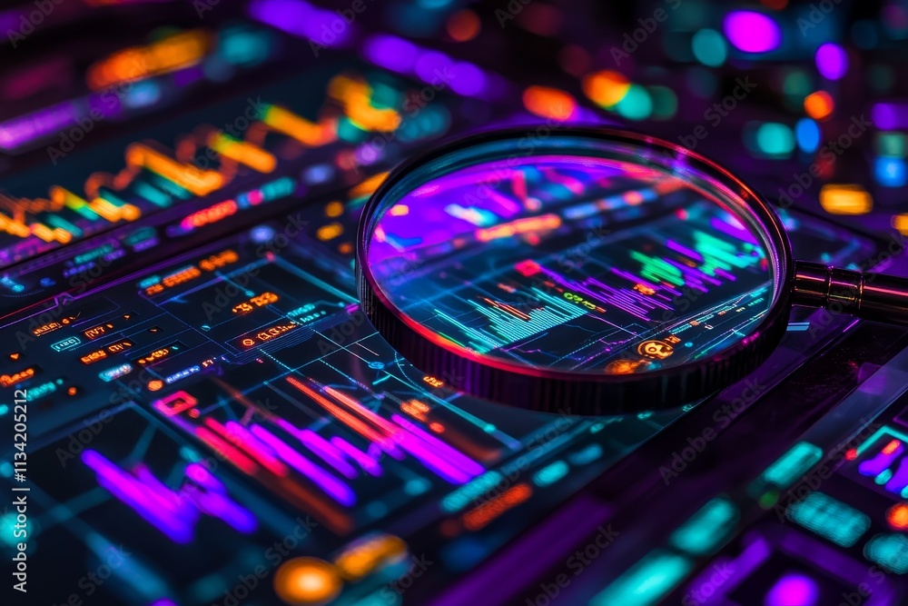 Poster colorful data visualization with magnifying glass showcasing candlestick charts and stock analysis i