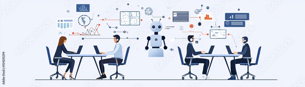 Aufkleber futuristic ai robots interacting with professionals in an office environment to depict collaborative