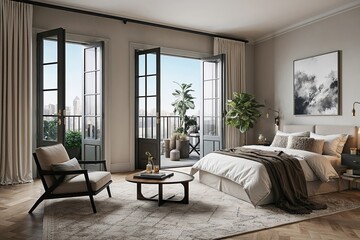 Fototapeta premium Stylish Visualization of a Chic Studio Apartment with Expansive French Doors and Neutral Decor