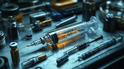 A collection of syringes and medical tools on a surface, highlighting their clinical purpose.
