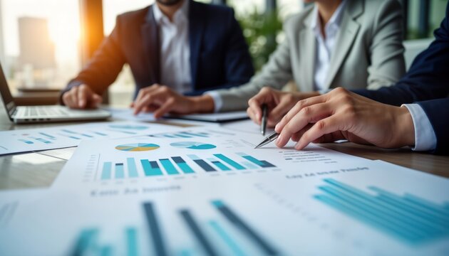 Business people analyze financial reports in modern office. Team reviews charts, financial plans. Wealth management consulting. Pro advisors discuss investments. Modern workplace setting.