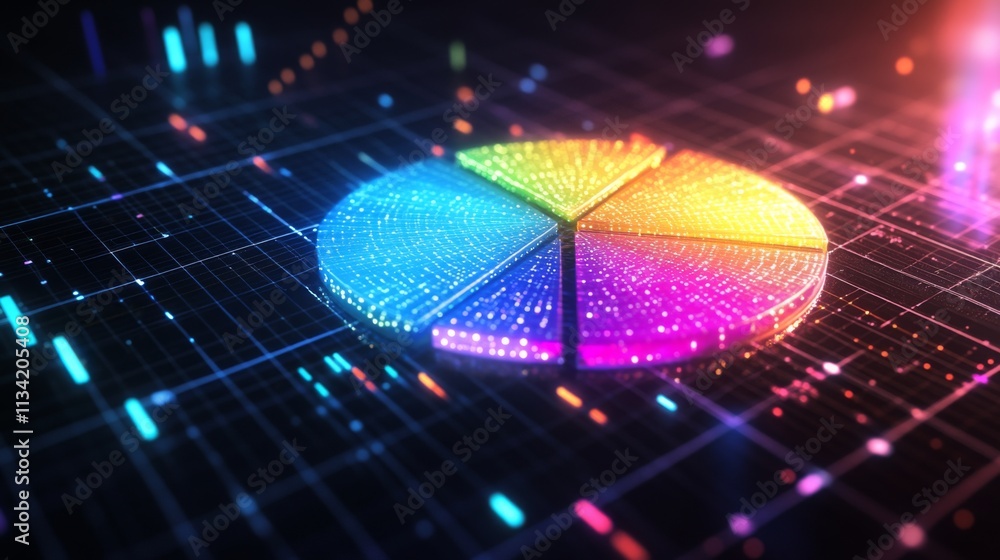 Poster colorful 3d pie chart with data visualization elements and lights