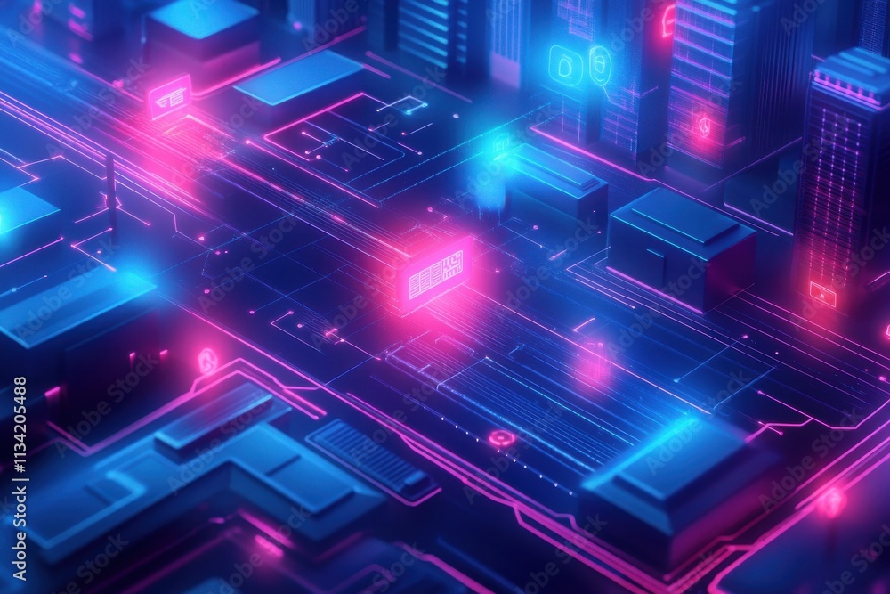 Poster futuristic cityscape at night with neon lights and digital elements creating a vibrant technological