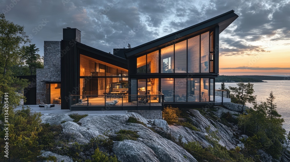 Poster a dramatic cliffside home with sharp angles and large windows, blending modern design with a rugged 