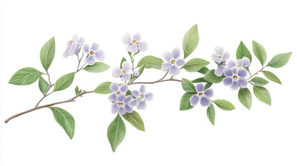 Obraz premium A delicate floral branch with soft violet blossoms, vivid green leaves, and a minimalistic stem design