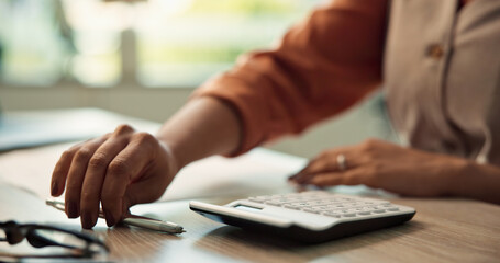 Business woman, accountant or calculator with pen for audit, budget planning or finance at office...