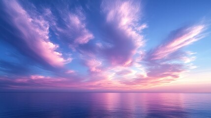 A serene sunset over a calm ocean, showcasing vibrant colors in the sky.