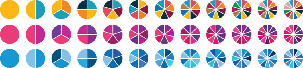 Pie chart set. Circle section graphs. Pie chart divided 1,2,3,4,5,6,7,8,9,10,11,12 equal parts. Wheel round diagram part symbol. Ring percentage diagram collection.